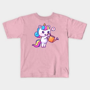 Cute Unicorn Watering Plant Cartoon Kids T-Shirt